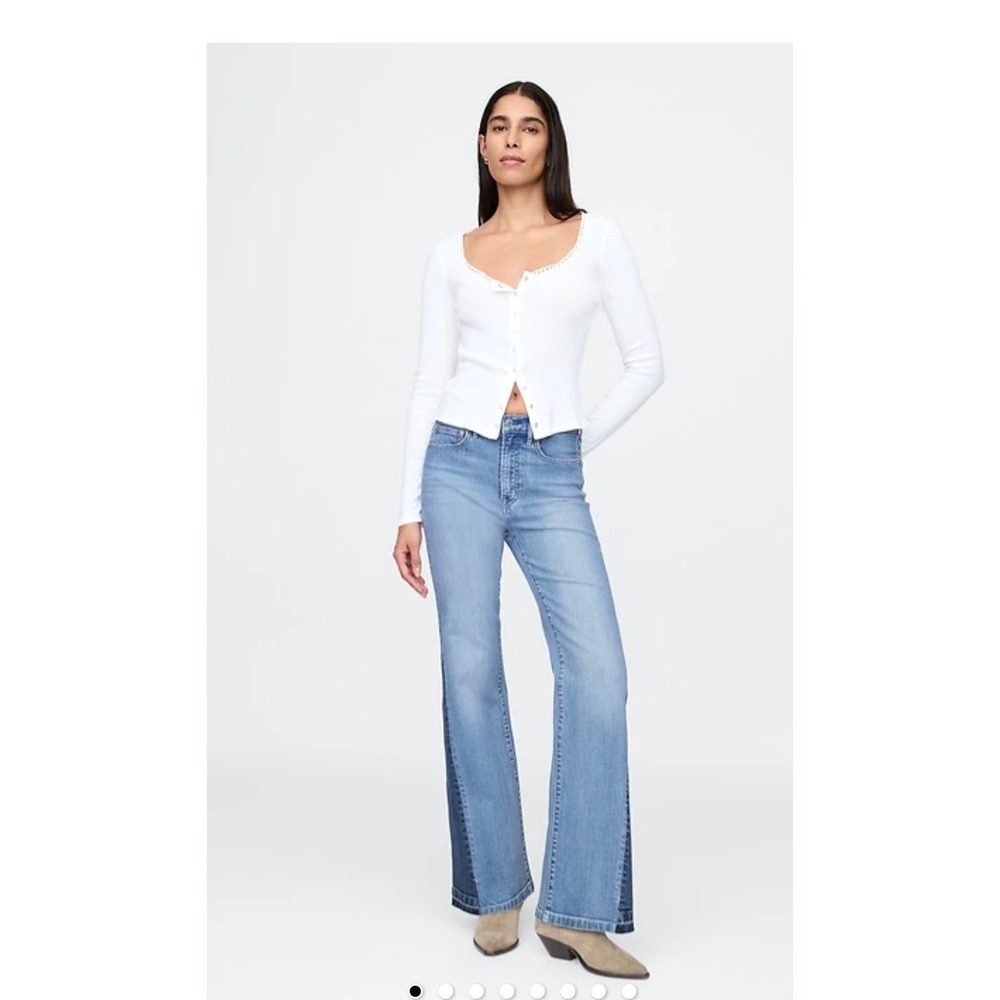 GAP 70s Flare High Rise Patched Two Tone Jeans Light Wash Raw Hem 32 14R Womens